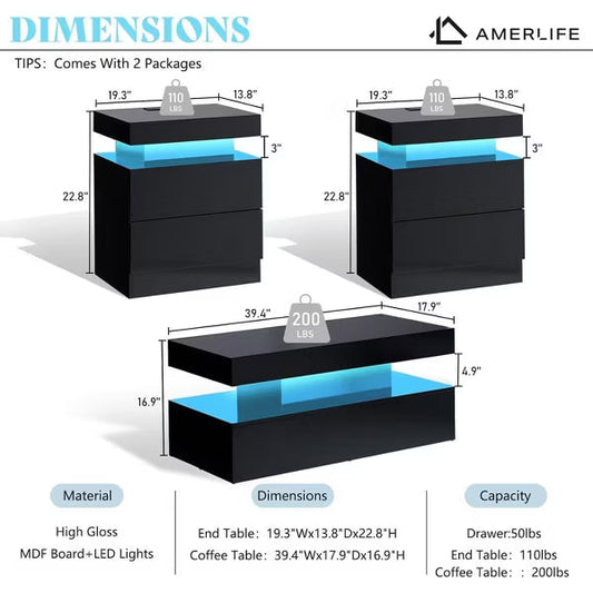 AMERLIFE 3 Pieces Modern High Gloss Living Room Table Set with LED Light and Storage, 2 End Side Tables with Charging Station for Living Room