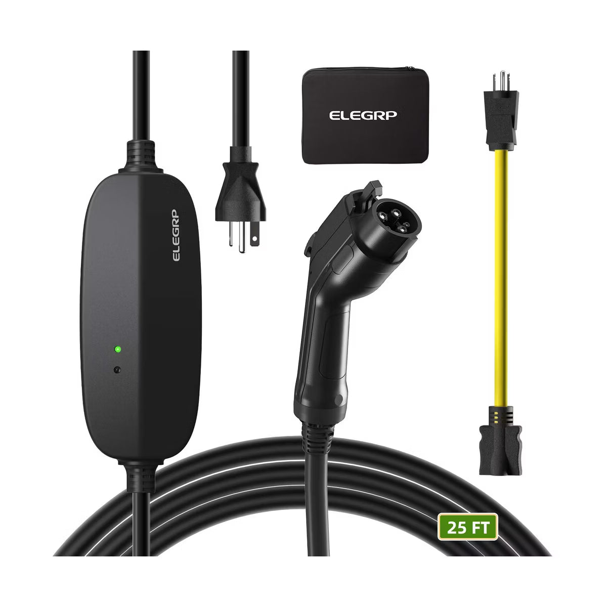 ELEGRP Level 1/2 EV Charger 16 Amp, Portable Electric Vehicle Charger 240V for BEVs/PHEVs with 25FT Cable,NEMA 6-20 & 5-15 Adapter