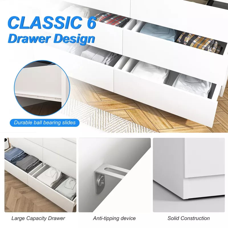 CIPACHO Modern 6 Drawer Double Dresser Spacious Storage Chest for Bedroom Closet Living Room with Ample Space to Keep Home Tidy