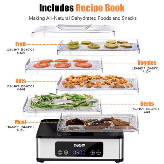 YASHE Food Dehydrator, 5 Stainless Steel Trays, 48H Timer, Temp Control, 420W, Includes Recipe Book, for Jerky, Fruits, Herbs, Meat, Dog Treats