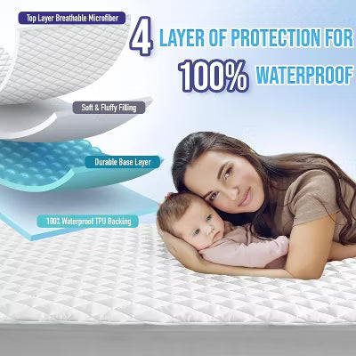 Hoey Full Size Waterproof Mattress Pad Protector – Quilted, Breathable, Noiseless Fitted Cover, Fits Up to 21" Deep Pocket