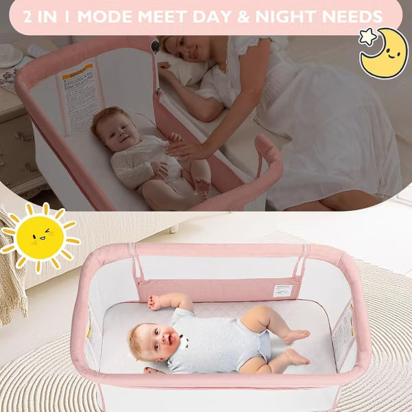 Kinder King Baby Bassinet 2 in 1 Bedside Sleeper,Folding Portable w/Storage Basket All-Sided Mesh 6 Adjustable Height Comfy Mattress