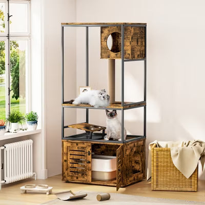 Hooseng Cat Litter Box Enclosure with Feeding Station, Indoor All-In-One Large Hidden Cat Washroom with Condol, Sisal Scratching Post and Perch