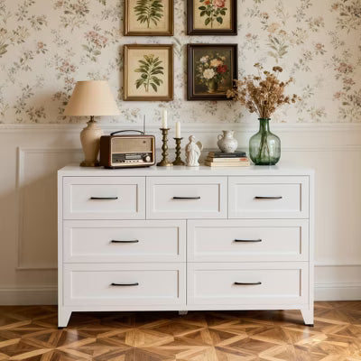 VIYET 7-Drawer White Dresser for Bedroom, Wide Low-Profile Chest of Drawers with Smooth-Glide Storage for Closet & Entryway