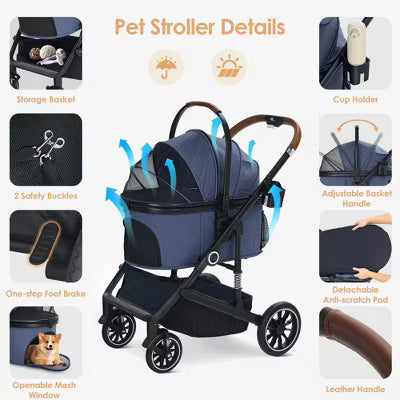 TODECARE 3-in-1 Folding Pet Stroller for Small to Medium Dogs and Cats up to 50 lbs with Storage Basket, Black