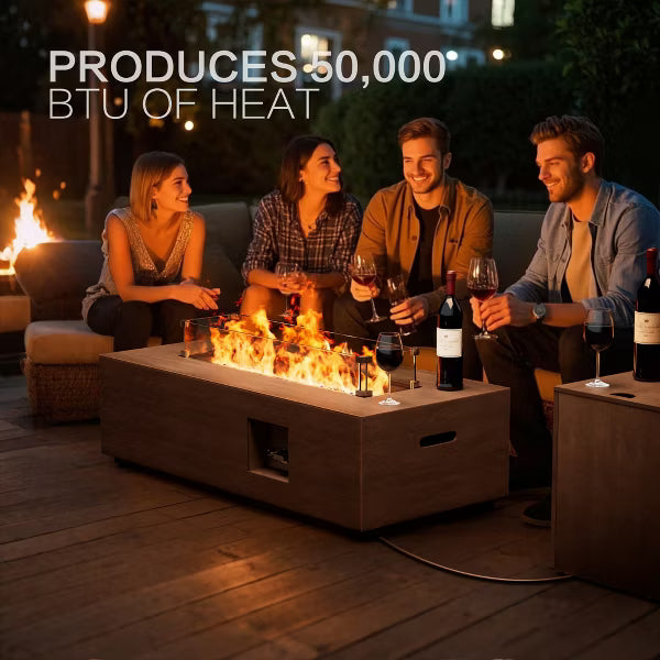 Evita Outdoor Fire Pit Table, 50,000 BTU Gas Fire Pit with Propane Tank, Windshield, Glass Stone and Rain Cover- 42*20*12 Inch, Brown