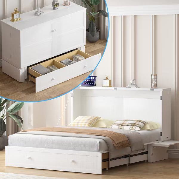 Mjkone Queen Murphy Bed Cabinet with Built-in Charging Station and Drawer,Trifold Mattress, Modern Murphy Cube Chest Bed