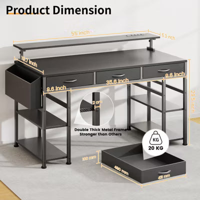 KOLIGEY Black Gaming Desk with LED Lights and Power Outlets, 55 Inch Computer Desk with 3 Drawers and Adjustable Monitor Stand