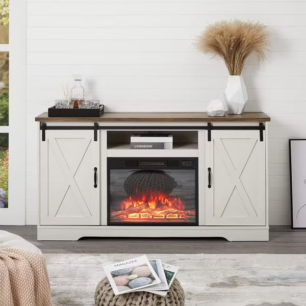 AMERLIFE Fireplace TV Stand with Sliding Barn Door for TVs up to 65", Distressed White & Barnwood