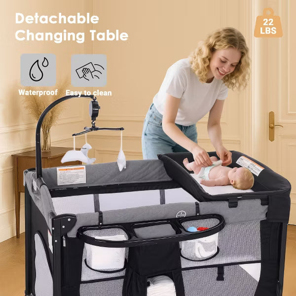 Kinder King 4-in-1 Portable Nursery Center and Bedside Crib with Bassinet, Changing Table, Storage Basket, Side Zipper & Travel Bag