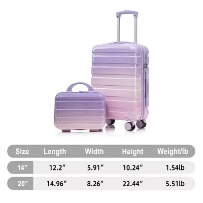 14"/20" 2 pcs/set in PC Spinner Wheel Luggage, Carry on Kid Suitcase, Kid Suitcase wheel, With Gradient Color and Combination Lock, Pink Purple
