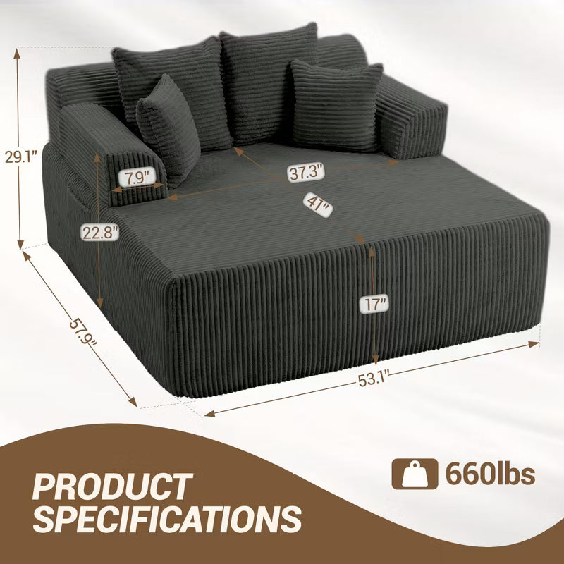 Bosmiller 58" Chaise Lounge Chair Indoor, Oversized Corduroy Boneless Sleeper Sofa Bed with Armrests & 4 Pillows, No Assembly for Living Room