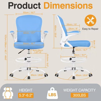 KERDOM Tall Office Chair Ergonomic Standing Desk Chair, Lumbar Support Computer Chair Swivel Task Rolling Chair, Blue