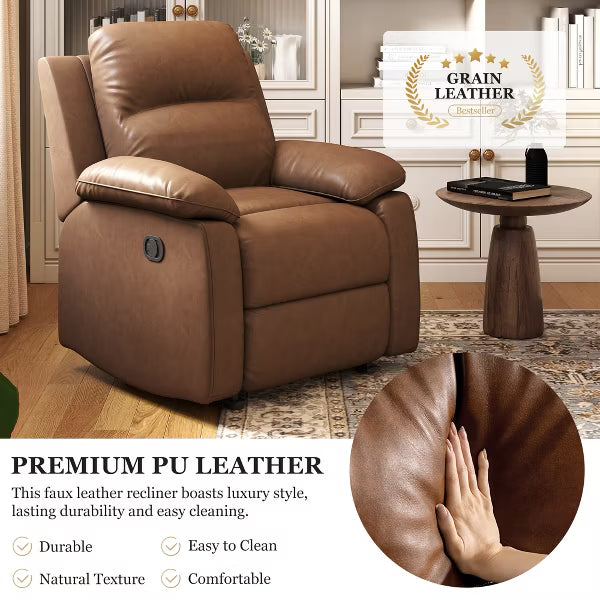 KERDOM Manual Recliner Chair, PU Leather Reclining Sofa Chair with Adjustable Backrest, Single Recliner for Living Room Bedroom,Brown