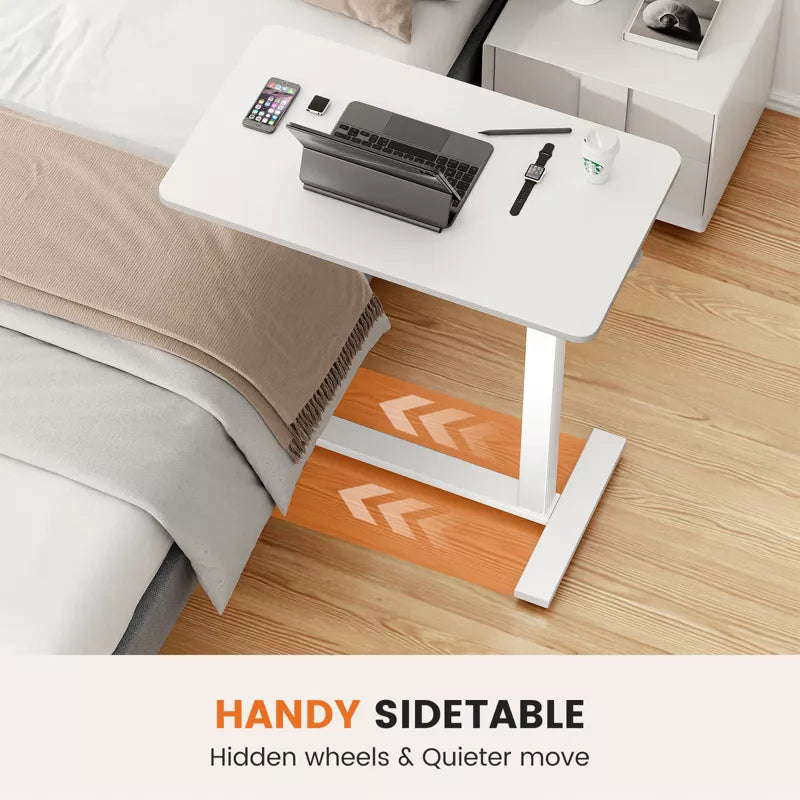 GlasFlength Desks Overbed Bedside Table with Wheels, Adjustable Height Mobile Standing Desk, Rolling Bed Table for Hospital, White, 27.5"*15.7"*43.3"