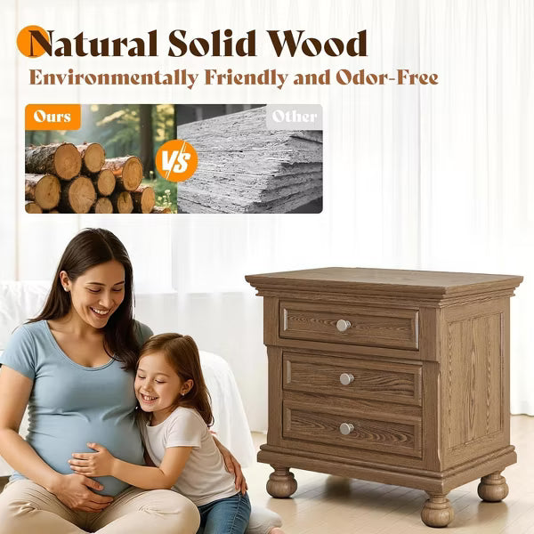 AMERLIFE Solid Wood Nightstand with 2 Drawers, Fully Assembled Extra-Large Traditional End Table for Bedroom & Living Room