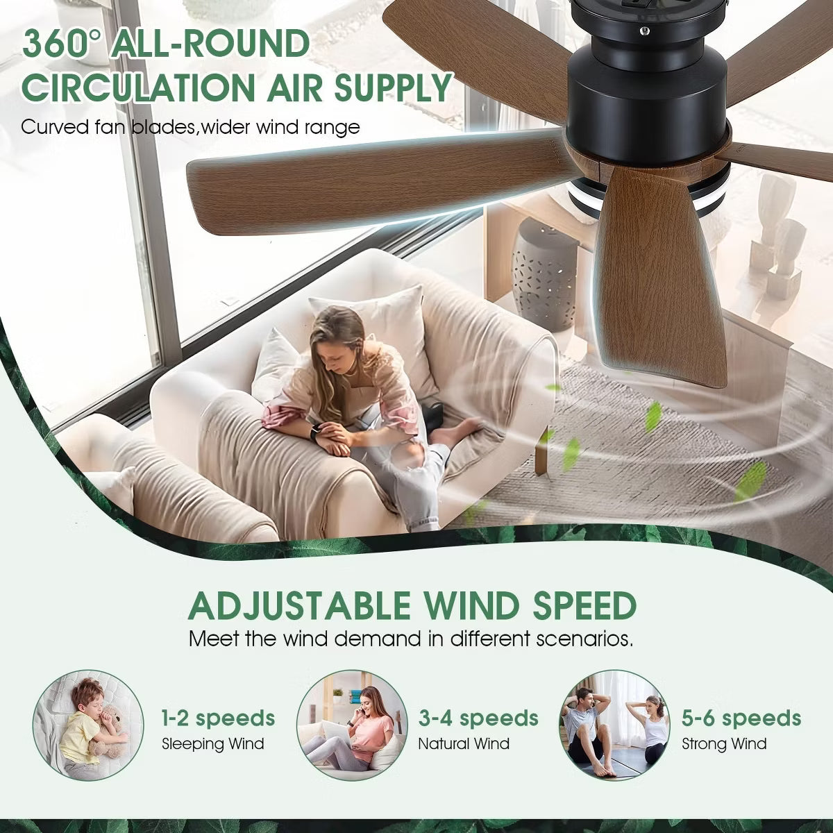 Kviflon 41 Inches Ceiling Fan with Light,App and Remote Control,5 Blades, Reversible DC Motor
