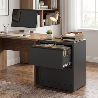VIYET 27"H 2 Drawer Lateral File Cabinet with Lock, Steel Metal Filing Cabinet for Home Office, Fits Letter/Legal/A4(Black)