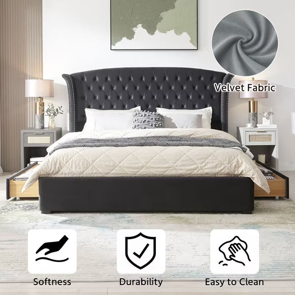 57.48"High Headboard Upholstered King Bed Frame - 2 Storage Drawers,Button Tufted Wingback,Velvet Fabric,No Box Spring Needed, Easy Assembly,Ink Blue