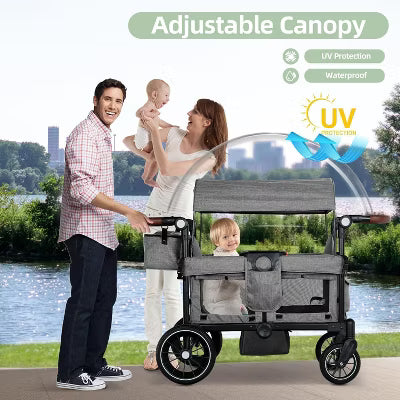 TODECARE Stroller Wagon Folding Baby Stroller for 2 Kids with Removable Canopy and Adjustable Handle
