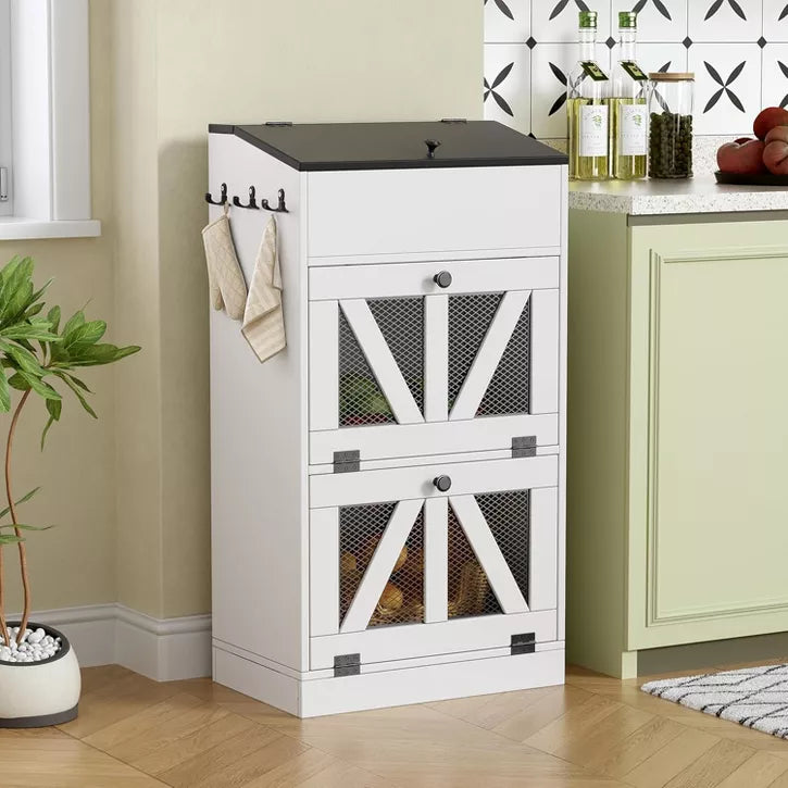 PAKASEPT 35" Farmhouse Potato Storage Bin Bread Box with Lid Rustic, Onion Organizer with Grocery Section Vegetable Organization Cabinet for Kitchen