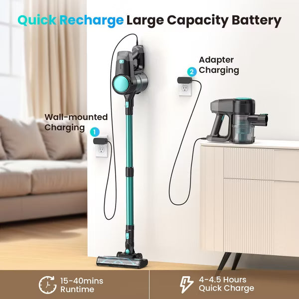 DEVOAC N3T Cordless Vacuum Cleaner,Wireless Stick Vacuum with 40mins Runine,Self-Standing,Rechargeable Lightweight Vacuum Cleaner Cyan
