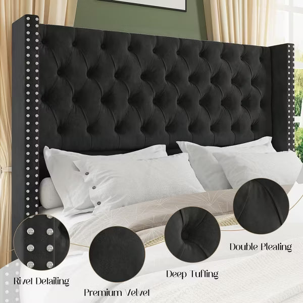 AMERLIFE Bed Frame with Deep Button Tufted and Velvet Wingback Headboard,No Box Spring Needed