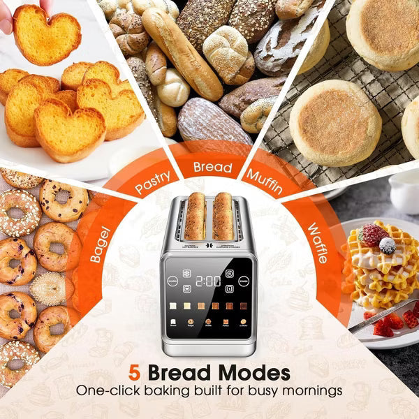 Teendow 4 Slice Smart Touchscreen Toaster, 1.5" Extra-Wide Slots, 1400W Stainless Steel Bread Toaster,5 Bread Settings & 6 Shade Options