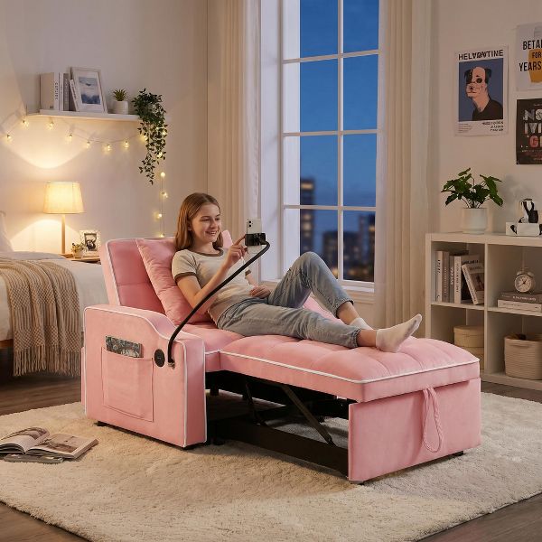 3-in-1 Convertible Sleeper Single Sofa Bed Accent chair with Adjustable Recliner Backrest, Phone Holder & USB/Type-C Ports for Living Room&Bedroom