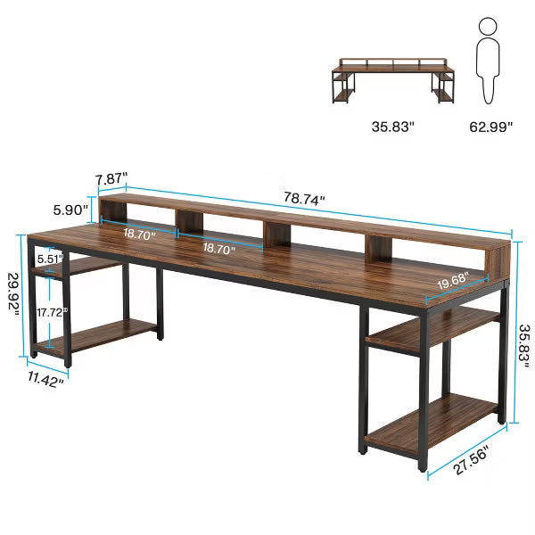 Resenkos Computer Desk, Office Desk, Study Desk,Two Person Desk, 78.7" Computer Desk With Monitor Stand and 4 Open Shelf,