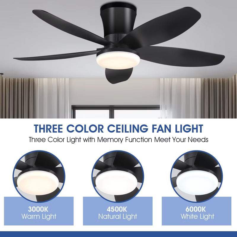 Kviflon 36 or 42 or 48 inch Low Profile Flush Mount Ceiling Fan with LED Light