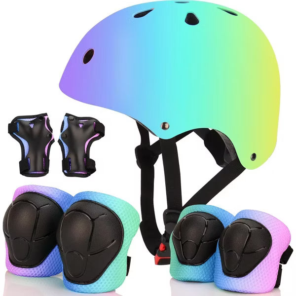 Evita Color Gradient Adjustable Bike Helmet with Knee and Elbow Pads - Kids for Ages 3-14, Pink purple blue, S