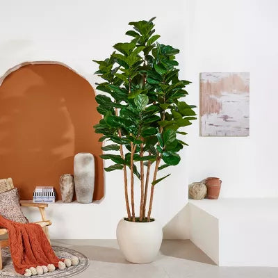 Dr.Planzen 8FT Artificial Fiddle Leaf Fig Tree with Natural Wood Trunk, Large Fake Plant with White Planter, Realistic Faux Lyrata Tree for Home Decor