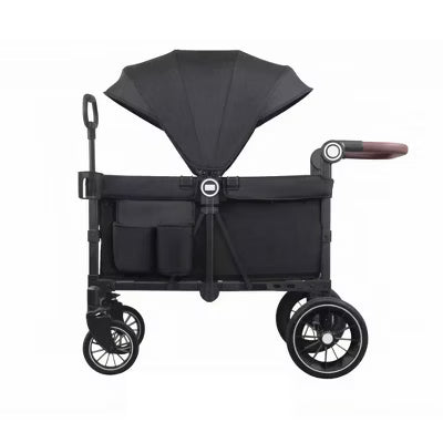 Kinder King All-Terrain Wagon Stroller for 2 Kids with Canopy, Shock-Absorbing Wheels, Leather Handle, Snack Tray & Storage, Black