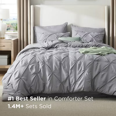 Solid Diamond Pintuck 7pcs King Grey Bedding Set Comforter Set - Bedsure
