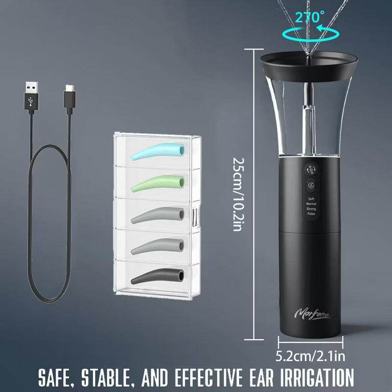 Morfone Ear Wax Remover, operated with one hand, with 4 modes, IPX6 waterproof rating, and 5 nozzle ear cleaner. A household ear cleaner.