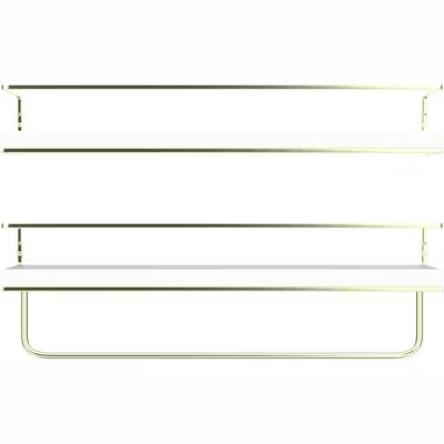 Set of 2 White Floating Shelves with Golden Towel Rack, Wall Mount Decorative Storage Shelves for Bathroom Kitchen