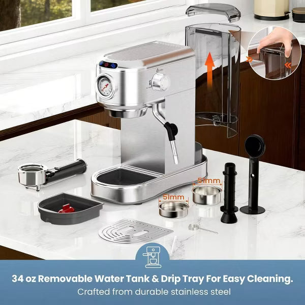 ToLife Espresso Machine, Compact Stainless Steel Maker with Milk Frother & 34oz Removable Tank for Home Latte & Cappuccino.