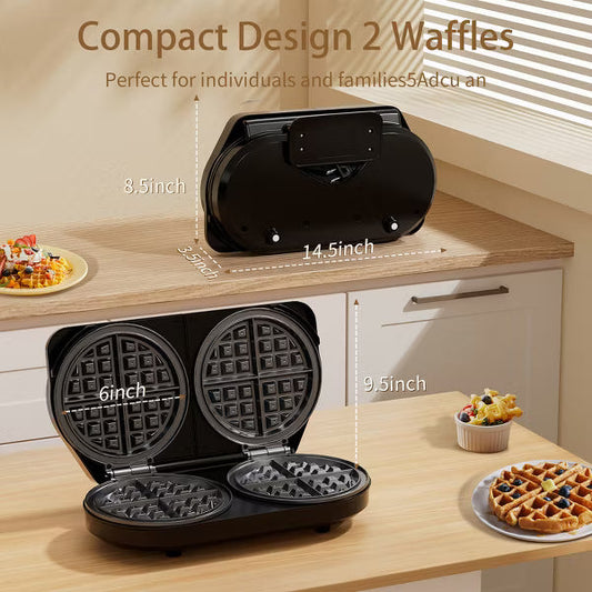 YASHE Double 6-Inch Waffle Maker, 1400W, stainless steel, non-stick plates, temperature control, cool-touch handles — perfect for breakfast and snacks