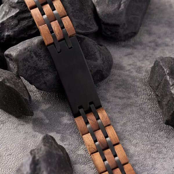 Men's Stainless Steel and Walnut Wood Link Bracelet, Wide Wristband with Secure Clasp