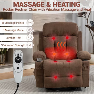 Bosmiller Rocker Recliner Chair with Vibration Massage and Heat, 360 Swivel Rocking, Ergonomic Lounge Chair with Side Pocket, Cup Holders, Brown