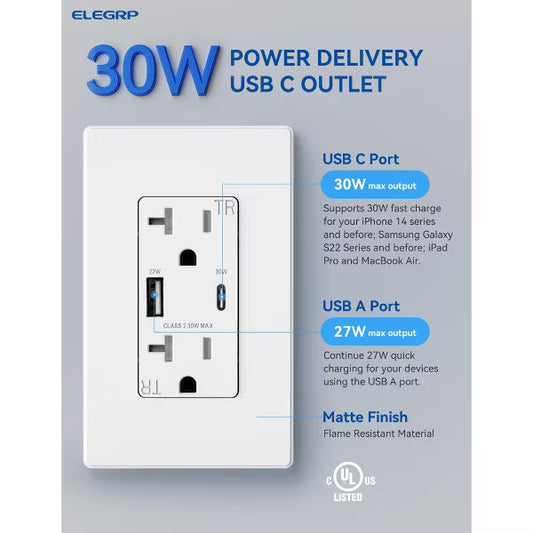ELEGRP 30W USB Outlets Receptacles, 20 Amp Outlet with USB C and USB A Ports for Support Fast Charge Protocols,w/Wall Plate, UL Listed,White,1 Pack
