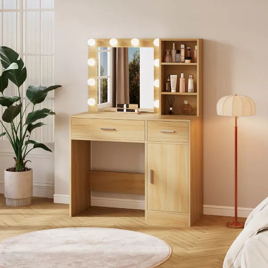 Vanity Desk Table with Mirror, Power Outlet and 10 Lights, Makeup Table with 3 Drawers,3 Color Modes Available for Bedroom-HYLEORY
