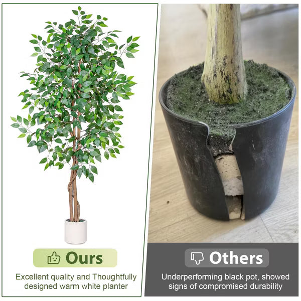 Romswi 5FT 6FT Artificial Ficus Tree with White Planter, Realistic Leaves, Natural Wood Trunk, Faux Greenry Plant, Indoor Home Office Decor 5-FT