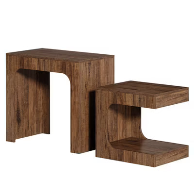 Resenkos Modern Nesting Side Table Set, 2 - Piece Wooden End Tables, Open - Shelf Living Room Storage, Dark Brown Finish