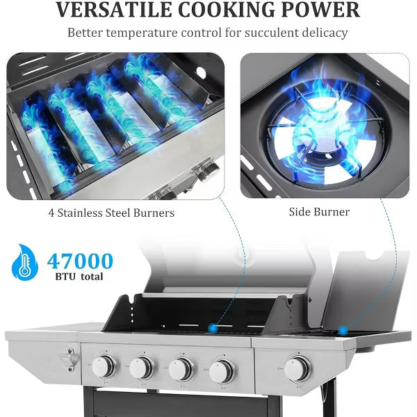 ELJGET 4 Burner BBQ Propane Gas Grill with Side Burner, Outdoor Stainless Steel 46790 BTU Patio Garden BBQ Grill with Lid, Wheels for Outdoor Camping