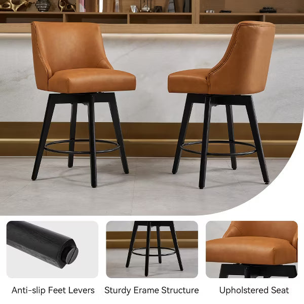 Dyonery 26" Swivel Counter Height Bar Stools with Backrests, Upholstered Seats & Wood Legs for Kitchen Island