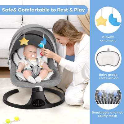 Kmaier Baby Electric Swing, Baby Rocker, 5 Speed And 10 Lullabies, Newborn Swing,Adapter And Battery PoweredRemote Control-Grey.