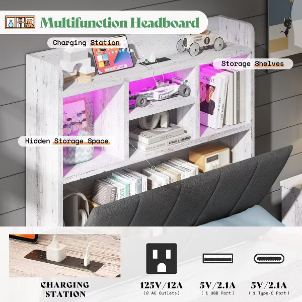 AMERLIFE LED Bed with 4 Storage Drawers, Bookcase Headboard and Charging Station