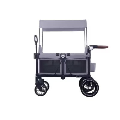 Kinder King 2-Seater All-Terrain Stroller Wagon with Canopy, Shock-Absorbing Wheels, Snack Tray & Storage for Outdoor Use, Gray